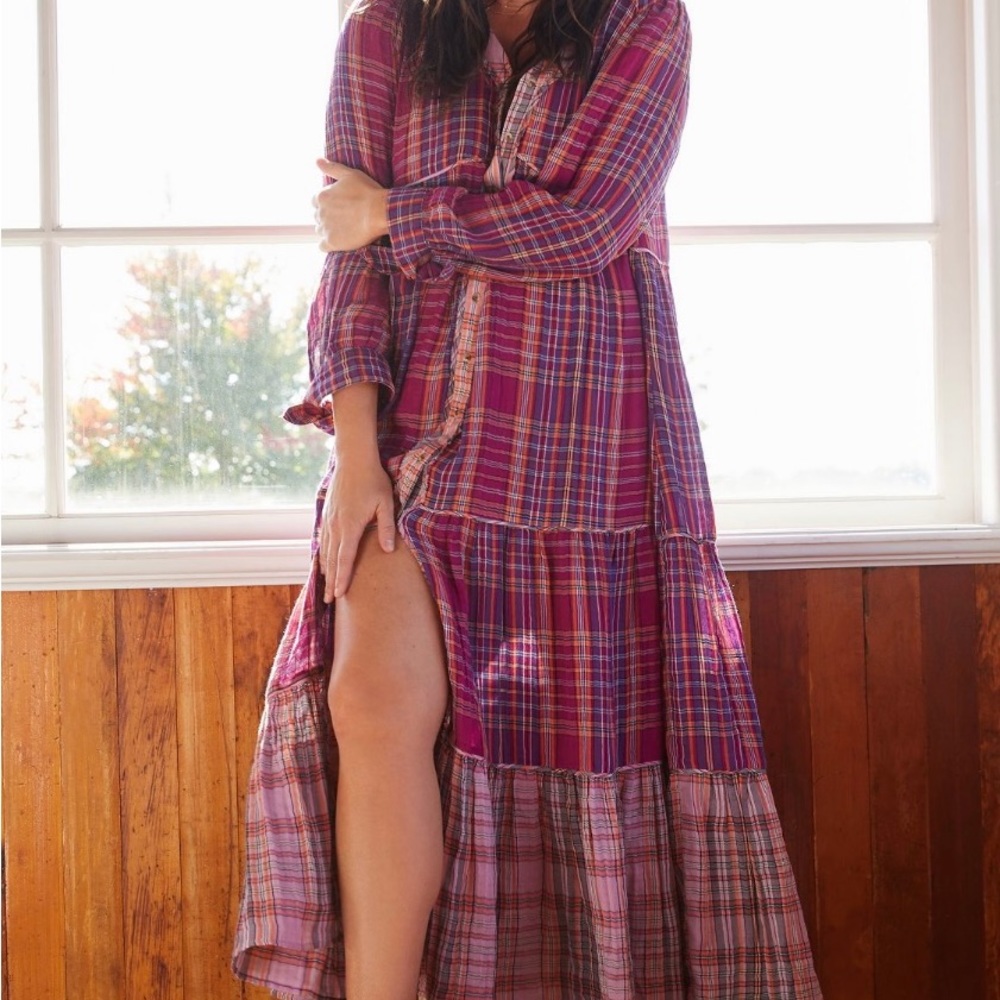 Anthropologie Plaid Tiered Maxi Shirt Dress